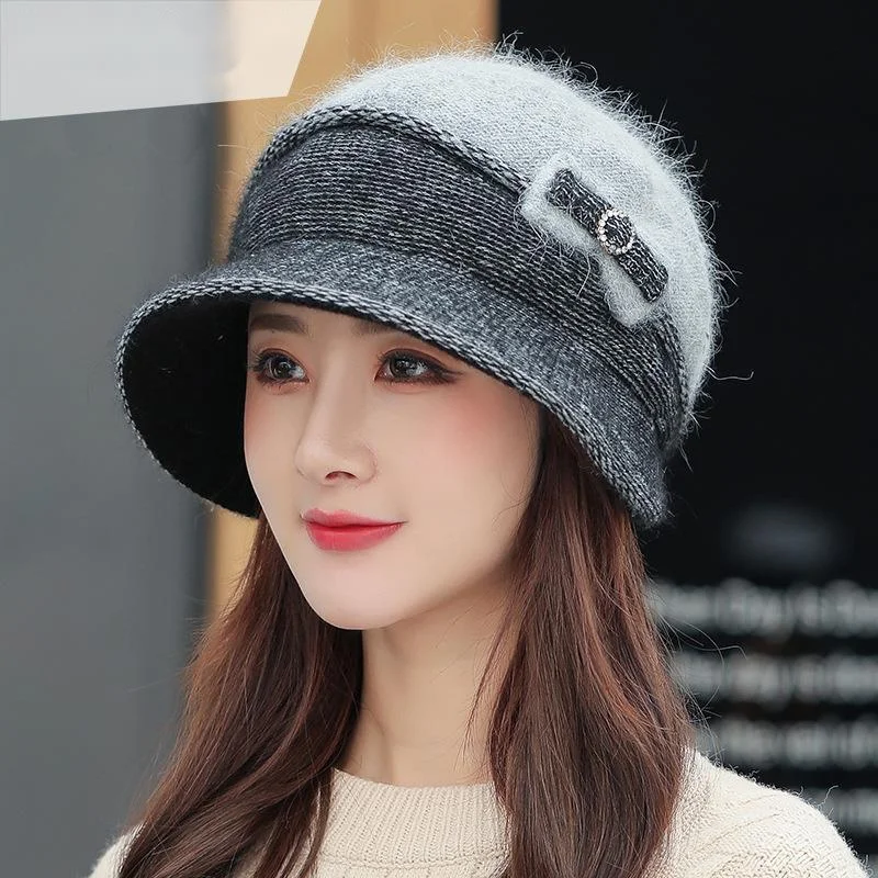 

Double Color Bowknot Rabbit Hair Knitted Hat Winter Women Warm Beanie Hat Fashion Female Berets Thick Skullies Beanies Gorras