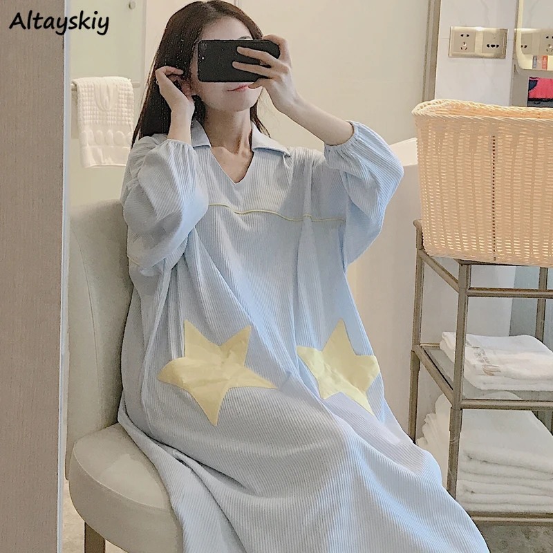 

Ночные рубашки женские весенние свободные до середины икры с звездным принтом для отдыха Пижама с V-образным вырезом Повседневная Милая уни...