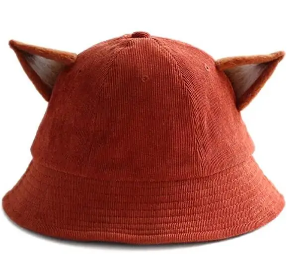 

Cute Fox Ears Bucket Hat Summer Travel Bucket Beach Sun Hat for Women Vintage Artist Corduroy Cap Accessories Brown