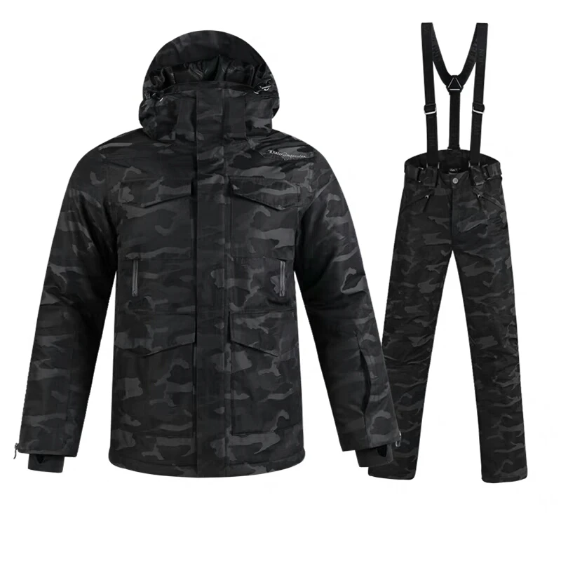 black camouflage Горнолыжный костюм мужской,лыжный костюм мужской,Мужской премиум горнолыжный сноубордический костюм горные лыжи пиджак сноуборд брюки,сноуборд,лыжи,лыжный костюм - Цвет: black camouflage