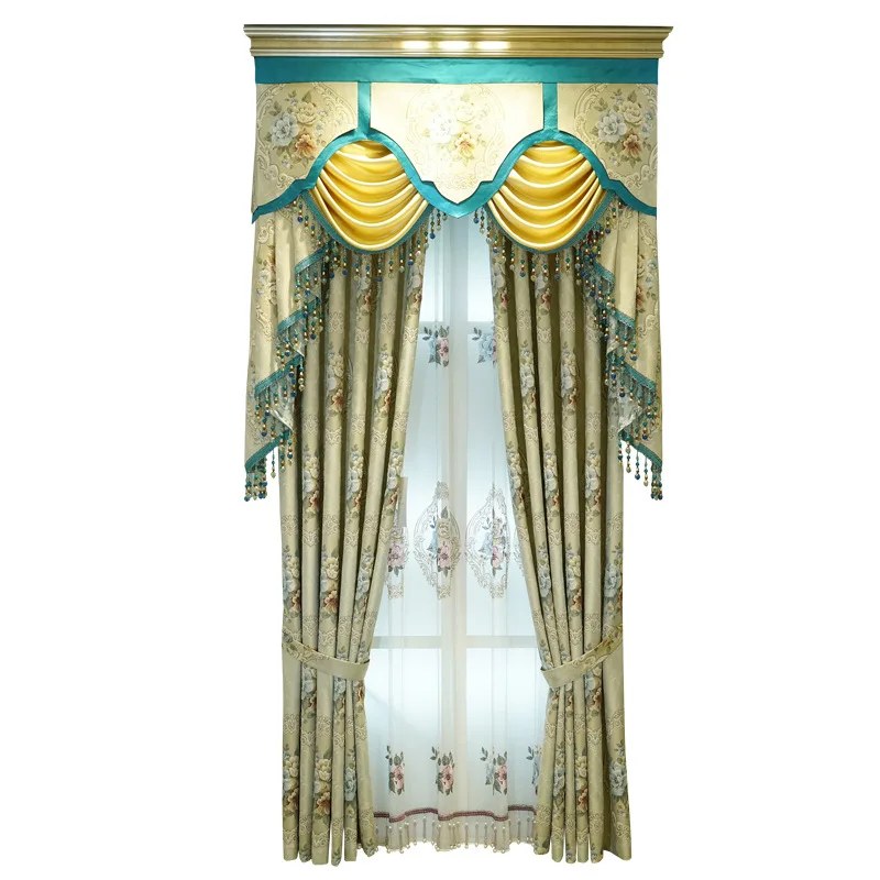 

European and American Style Jacquard Embossed Curtains High-end for Bedroom Living Room Villa Tulle Palace Embossed New Curtains