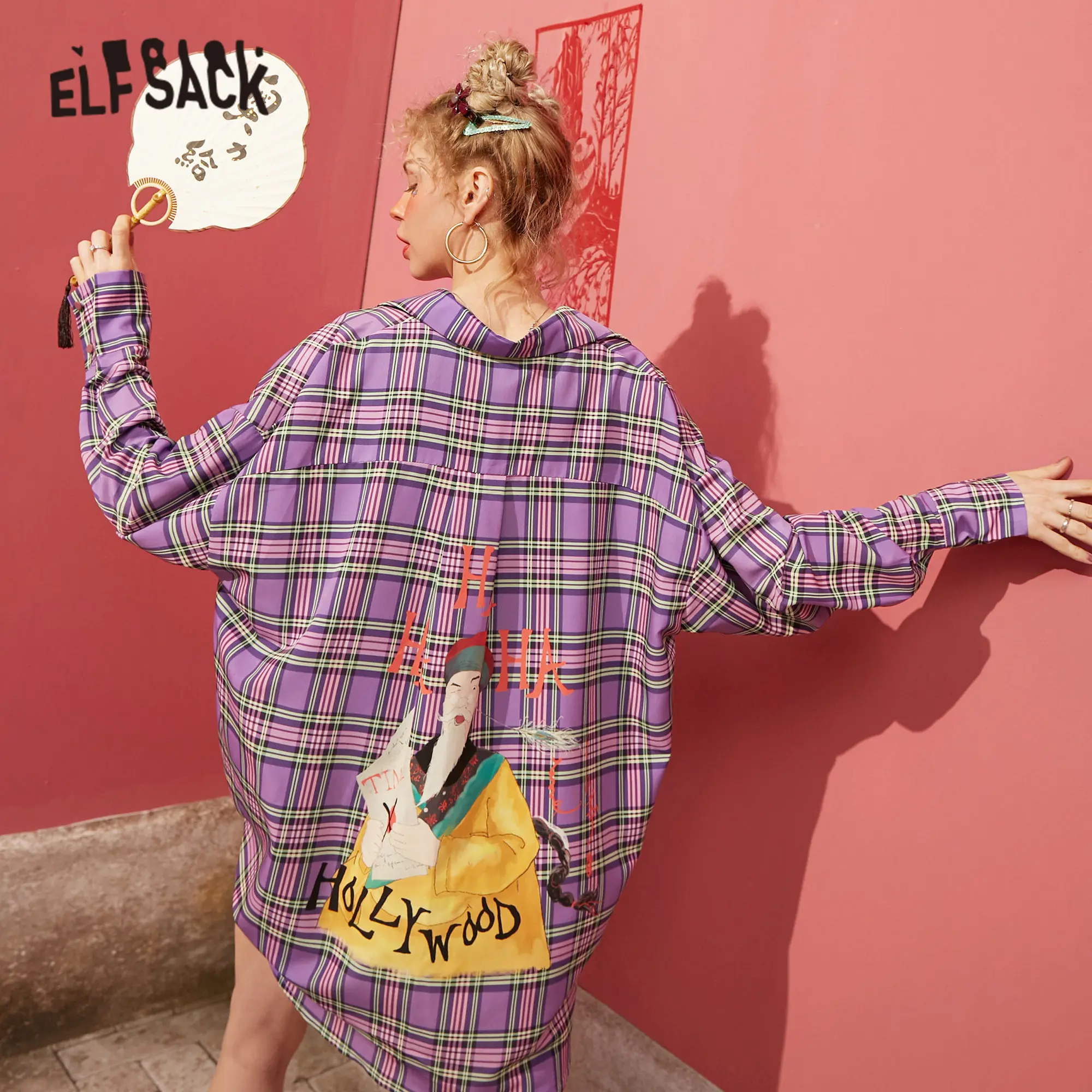 Женская винтажная блузка ELFSACK фиолетовая клетчатая Повседневная Блузка с
