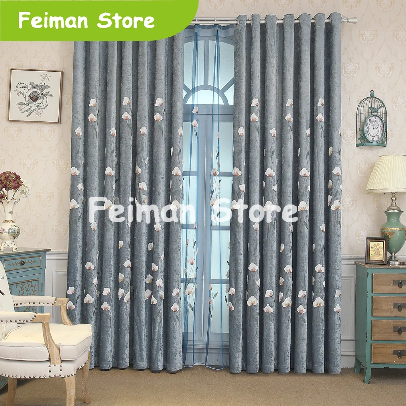 Pastoral White Kapok Chenille Tulle Fabric Curtains For Living Room Thick Insulation Embroidered Window Treatments AP259-30 | Дом и сад