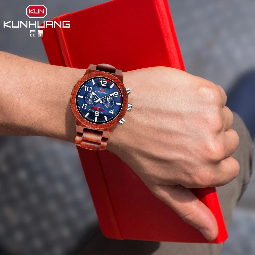 Мужские деревянные часы Военный Спортивный Хронограф светящийся показ даты