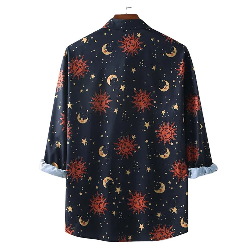 

Mens Flora Printed Button Shirts Long Sleeve Sun Moon Pattern Casual Loose Leisure Top