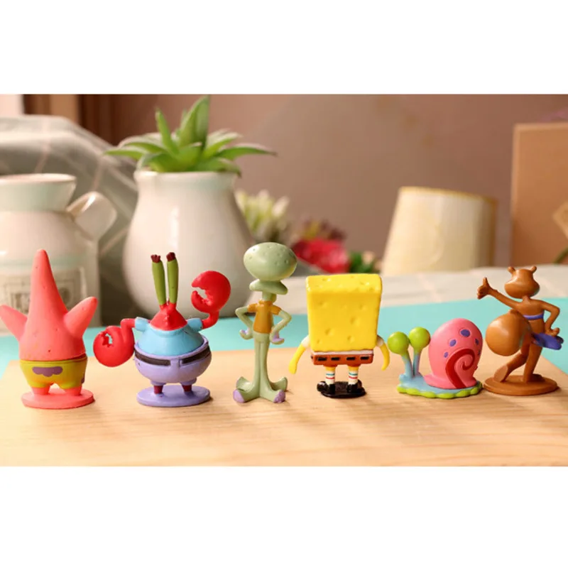 

6Pcs/set Sponge Doll Toy Model Scene Modeling Crab Boss Patrick Star Sandy Ornaments Anime Cartoon Cute Pvc Figures Gift For Kid