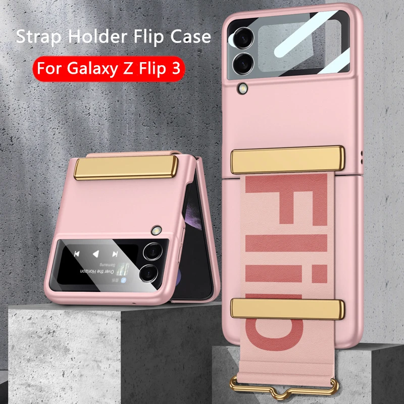 

Case For Samsung Galaxy Z Flip 3 5G Wristband Strap Phone Cover Matte Hard Plastic Case With Lens Glass Protection