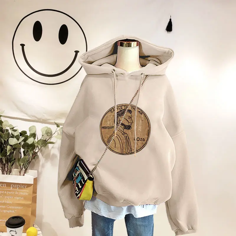 

New Korean Winter Plus Cashmere Women Hoodie Sweatshirt Print Harajuku Indians Character Image Vintage Black Female Pullover