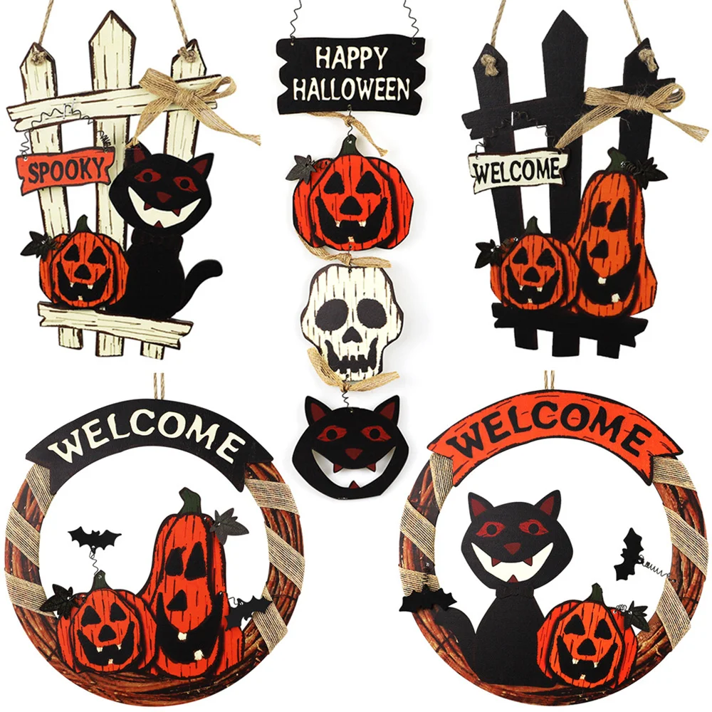 

Halloween Ghost Festival Welcome Card Garland Door Hanging Wooden Pumpkin Black Cat Cemetery Castle Dress Up Party Supplies