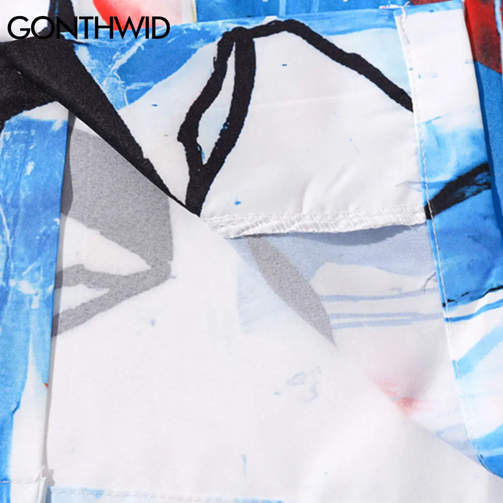 

GONTHWID Hawaiian Shirts Streetwear Graffiti Ink Painting Print Summer Holiday Tropical Hip Hop Harajuku Men Short Sleeve Tops