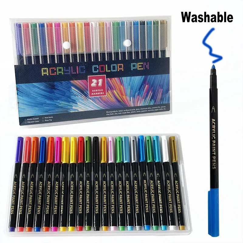 

21 Color Set Washable Acrylic Marker Pens Art Painting Graffiti Pen Brush For DIY Body Clothes Shoes Office School Stationery
