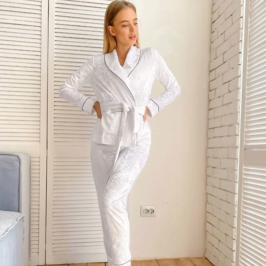 2021 Women Suit Autumn and Winter New Cardigan Pajamas Lace-Up Waist Pajamas Suit Women Warm Trousers Home Wear Ladies