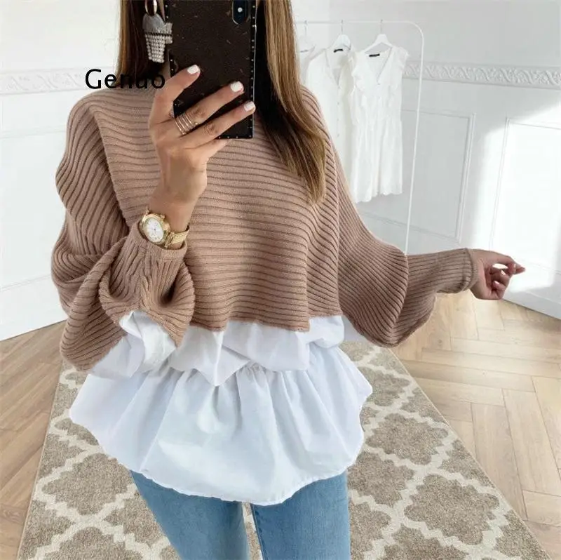 

Woman New Loose Knitted Tops Wool Stitching Four-sided Stretch Long-sleeved Multicolor Lace Pleated Top Vintage Streetwear