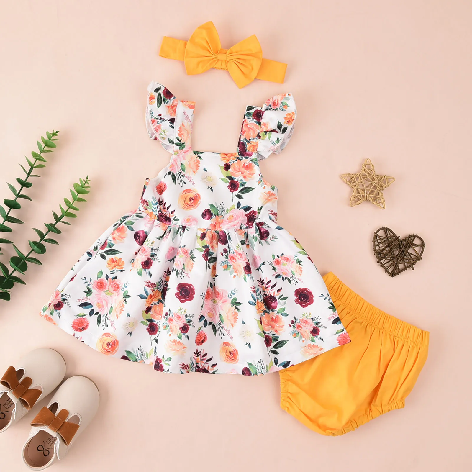 

Baby Kids Clothing Sets infant Baby Girls Floral Print Bowknot Dress Shorts Headbands Outfits деская дежда Ropa Teens