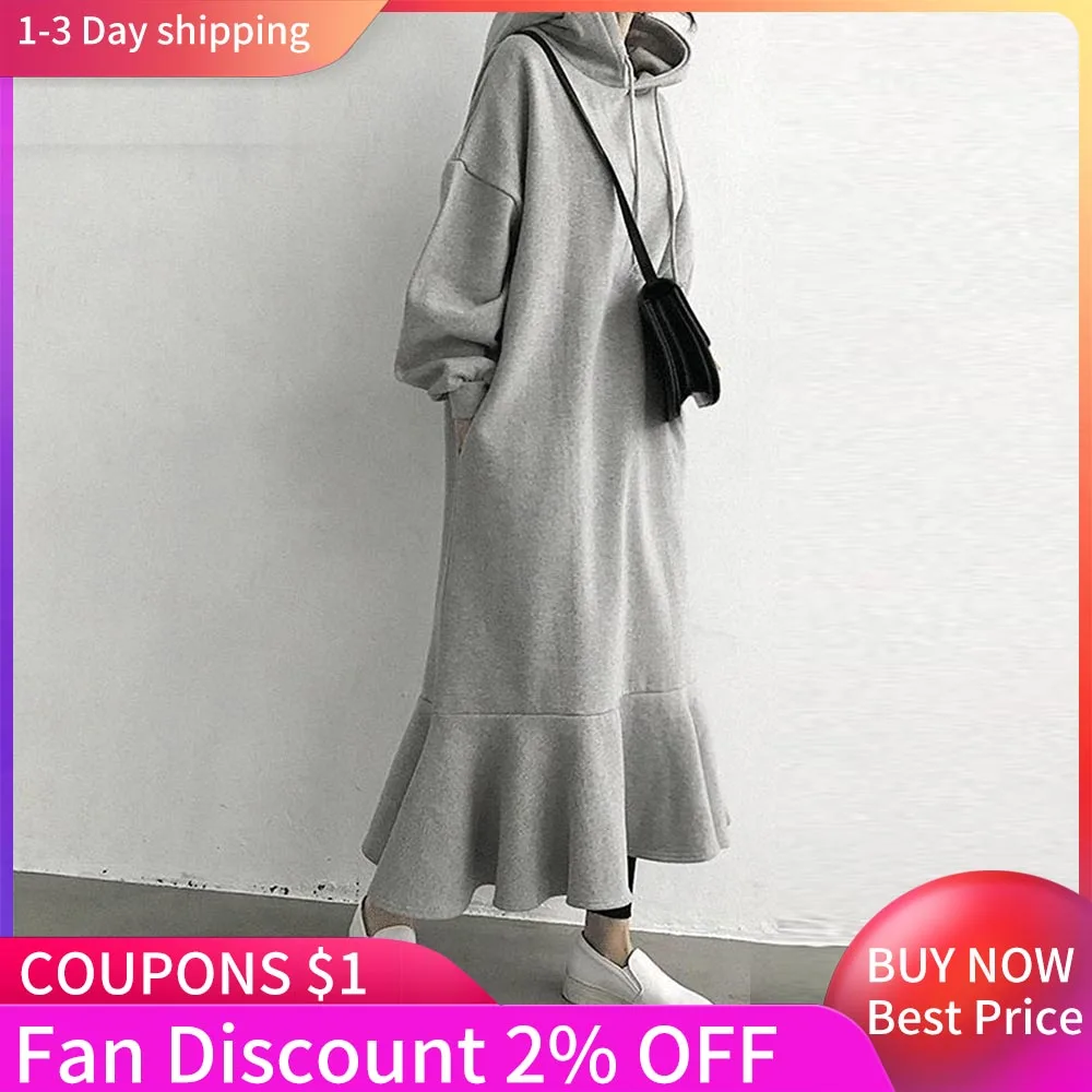 Женское флисовое платье-толстовка с длинным рукавом и рюшами | Женская одежда