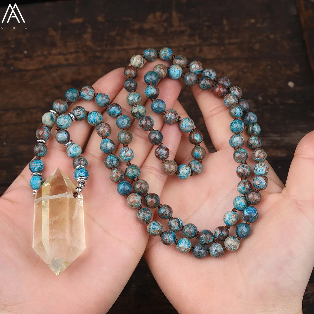 

Smoky Yellow Quartz Double Point Pendant 8mm Natural Ocean Jaspers Stone 108 Prayer Beads Cord Knotted Handmade Necklace N0426AM