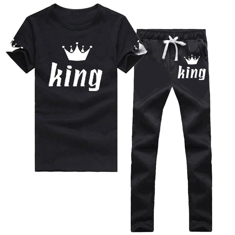 

Bababuy Couple Matching Set Short Sleeve T-Shirt and Sweatpants Trousers Men Women Casual Tracksuits King Queen Lovers