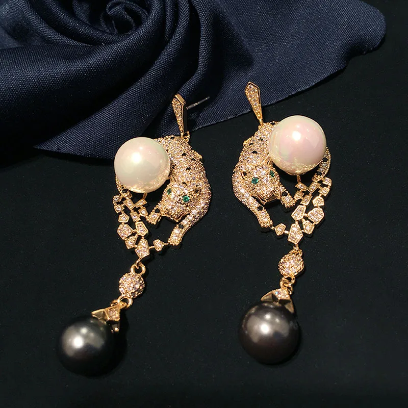 

European style Baroque Gold Leopard Black Pearl Hyperbole Long Drop earrings Women Jewelry Cool Punk accessories