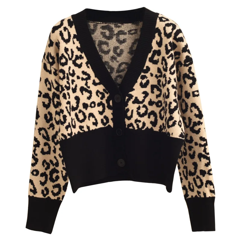 

long sleeve knitted cardigan female leopard v-neck thickening brief paragraph sweater coat coat restoring ancient ways