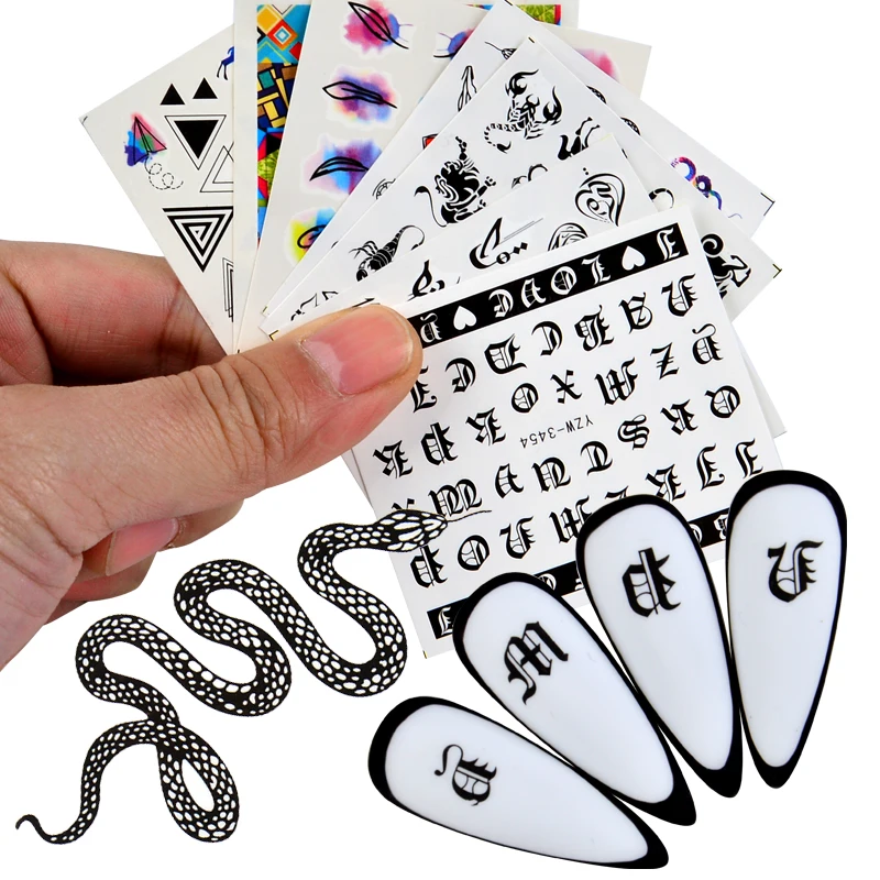 

2022 NEW Designs Nail Stickers Floral Geometric Black Flower Snake ABC Letter Nail Art Water Transfer Decoration Decals Sliders