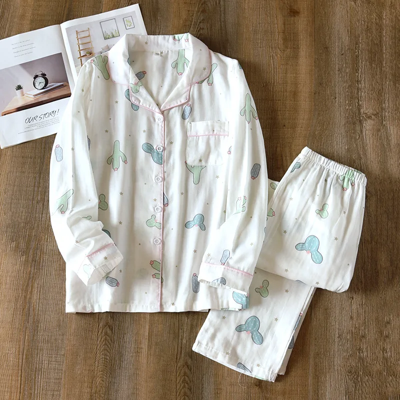 

2PCS Shirt&Pants Suit Print Cotton Pajamas Sets White Nightwear With Button Homewear Spring Sleepwear Casual Women Nightgown
