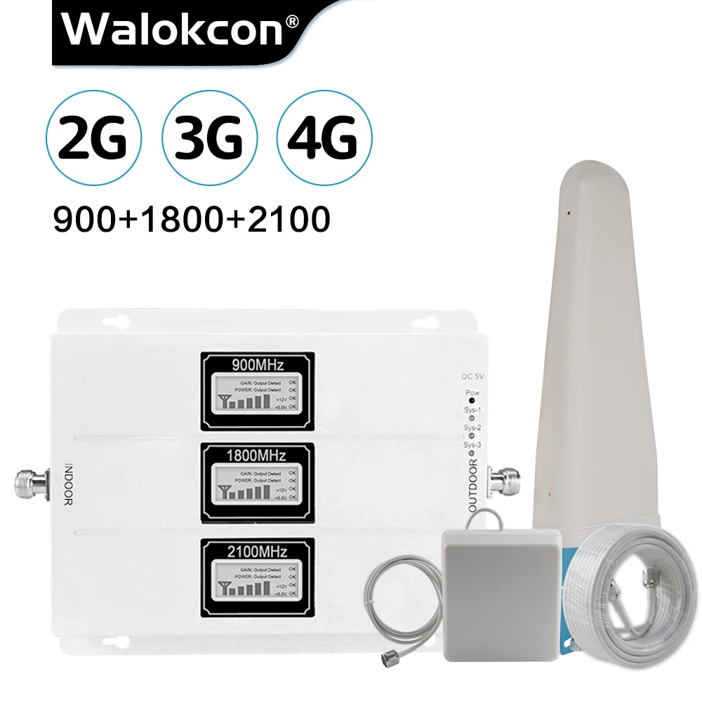 Трехдиапазонный ретранслятор сотового сигнала Walokcon 2G 3G 4G GSM 900 DCS/LTE 1800 WCDMA/UMTS 2100 МГц