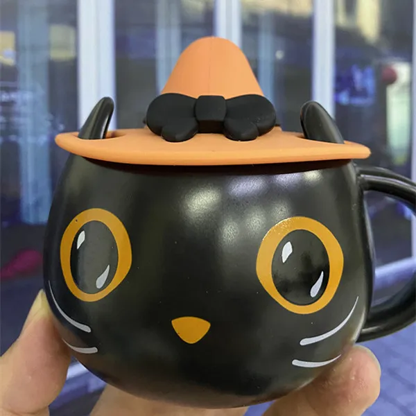 Керамическая кружка в виде таинственного черного кота черная матовая с ручкой