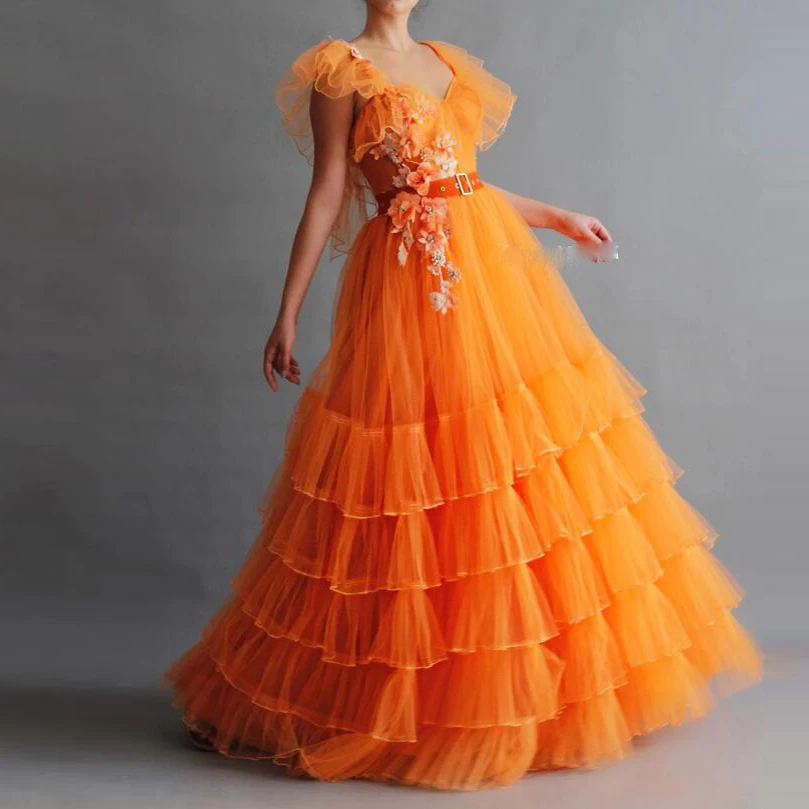

Trend Orange Ruffles Tulle Prom Gowns 3D Flower A-line Long Women Dresses To Formal Every Party Floral Gowns