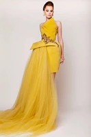 2020 saudi arabia evening dresses high low asymmetrical yellow dubai kaftan beaded sexy long evening dress robe de soiree long