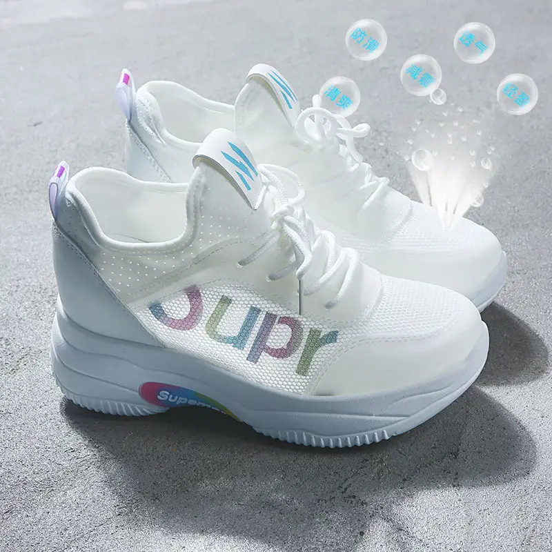 

Summer Sneakers Women Mesh + Leather High Tops Flats Heighten Lady Loafers Leisure Hollow Out Breathable White Shoes