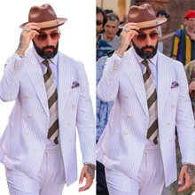 Costume 2 pièces blanc pour hommes, Blazer à rayures sur mesure, Style moderne, décontracté, de bal, formel, Business, manteau à Double boutonnage  (1)