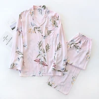 pink spring summer flowers leaves thin cotton pajama sets black women lapel nightwear white edge pocket button home clothes