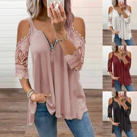 sexy autumn half sleeve lace shirt women casual zipper v neck loose t shirt plus size hollow out sling elegant pullover tops