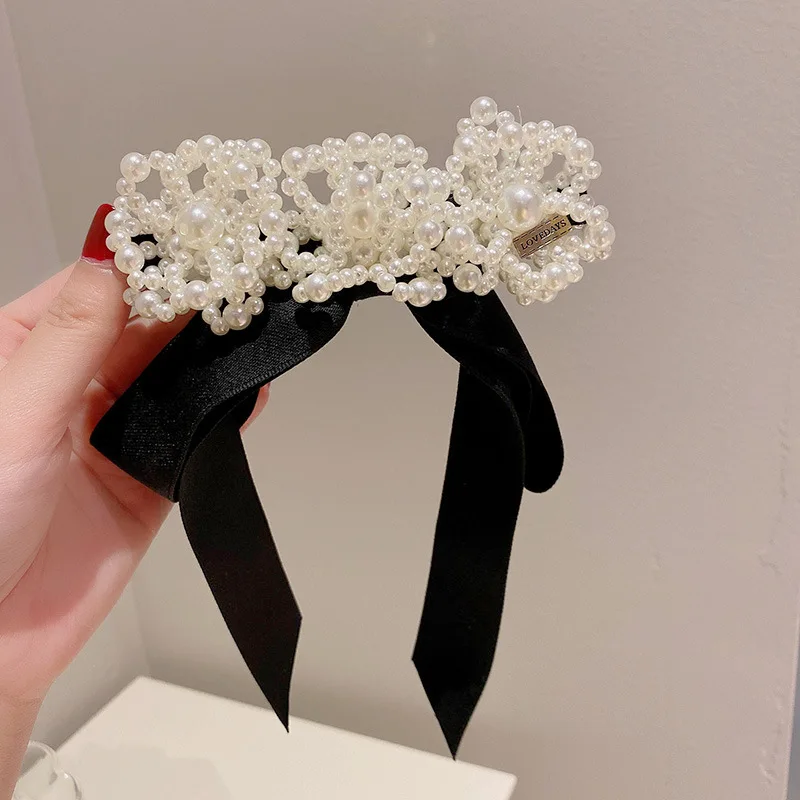 

Full Simulated Pearls Hair Clips Elegant Black Fabric Bow Hairpin Vintage Bow Edge Clip Hair Clip Top Clip Hair Accessories