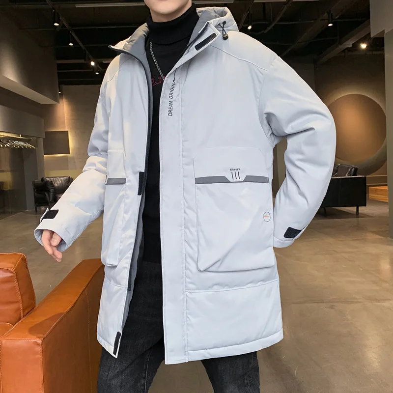 New Causal Winter Men's Mid-Length 90% White Duck Down Jacket Thick Warm Long Hooded Parkas Outwear Top Down Coats Solid Puffer
