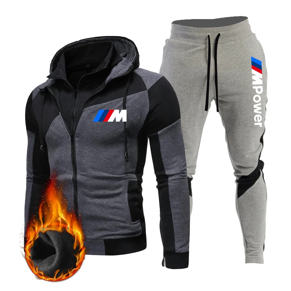 

2021 new men's sportswear suit personalized color matching double zipper suit hooded cardigan slim sportswear sweater suit