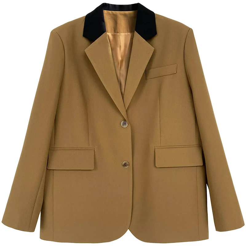 

Khaki Vertical Sense Suit Tops And Fashion Jacket For Lady Fashion Color Contrast Lapel Blazer Women's Korean