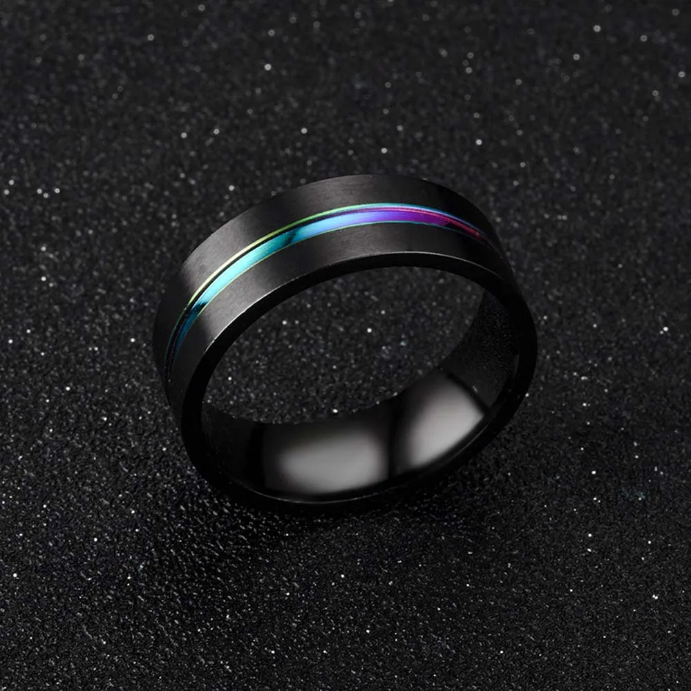 Fashion Black Titanium Stainless Steel Simple Ring Wedding Band 8mm Colorful Rainbow Groove Couple Jewelry | Украшения и