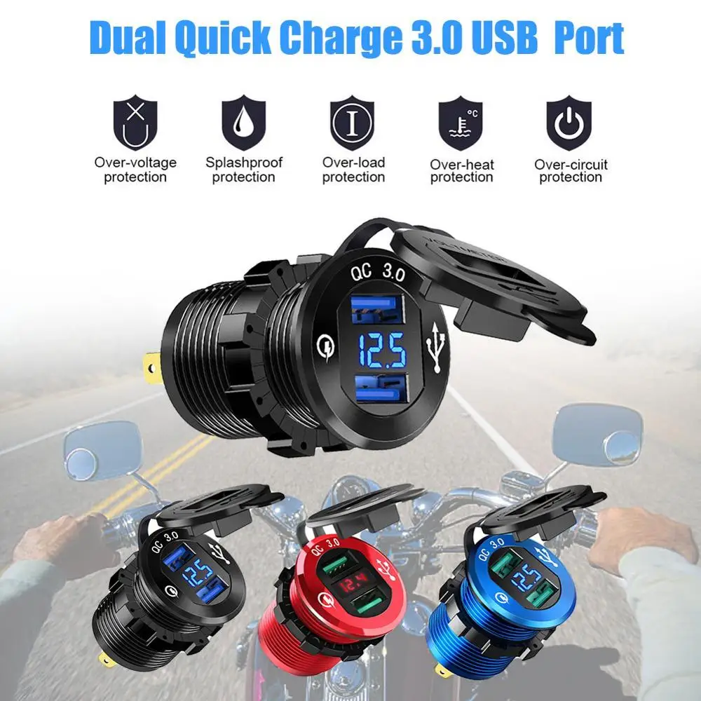 

QC3.0 Dual USB Charger Socket Quick Charge Waterproof Aluminum Power Outlet Fast Charger with LED Voltmeter for 12V/24V Car Boat