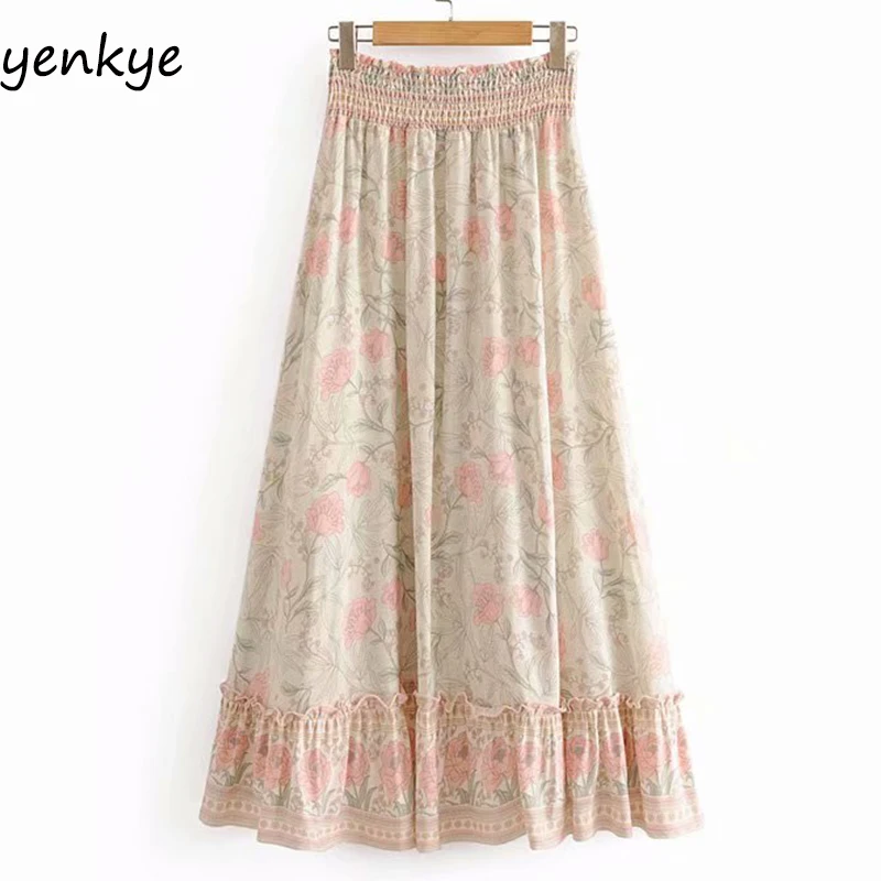 

Floral Print Summer Skirts Womens Elastic High Waist Big Swing Ruffle Boho Lady Holiday Casual Long Skirt DJF2003
