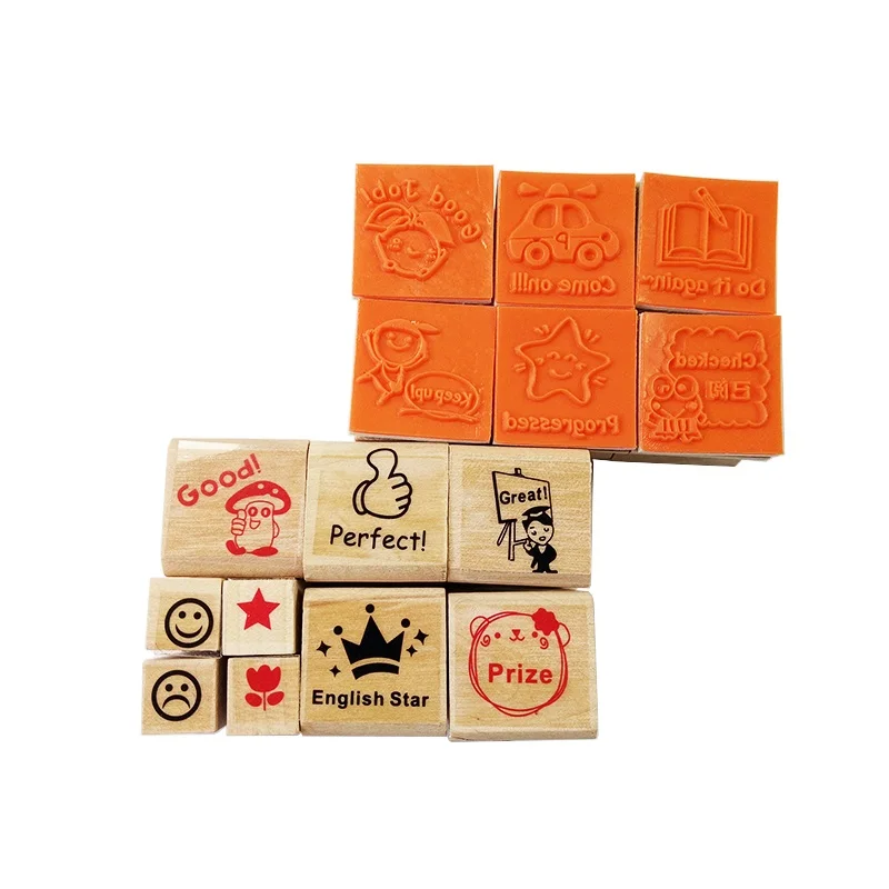 

4 sets/lot Praise Words Wooden Stamp Cartoon For Teacher Reviews Teachers Encourage Rubber Stam Gift Wholesale