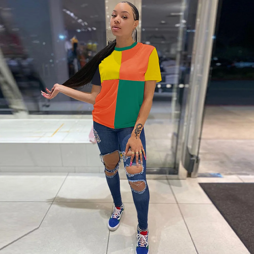 

Contrast Color Patchwork Harajuku Women T-shirt Streetwear Round Neck Short Sleeve Slim Tops Hip Hop Girls Basic Casual Tshirt