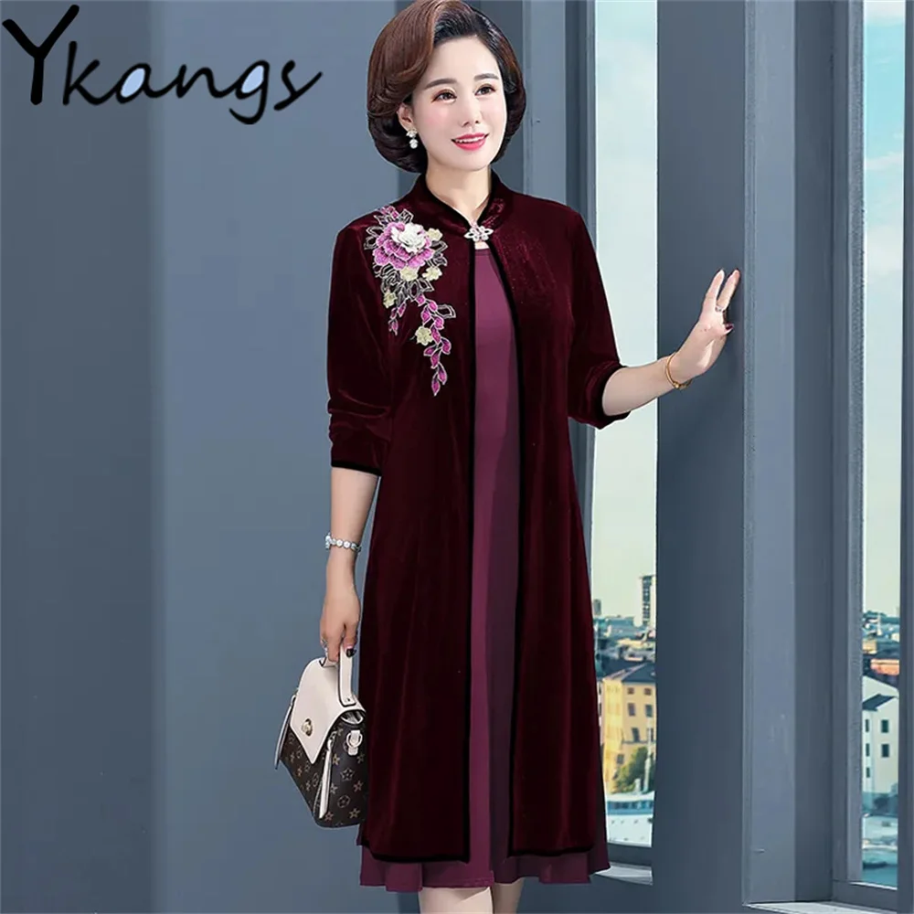 

Vintage Spring Autumn Mom Clothing O-Neck Slim Dress Flowers Embroider Mid-Length Velvet Coat Female Elegant Simple Two-Piece