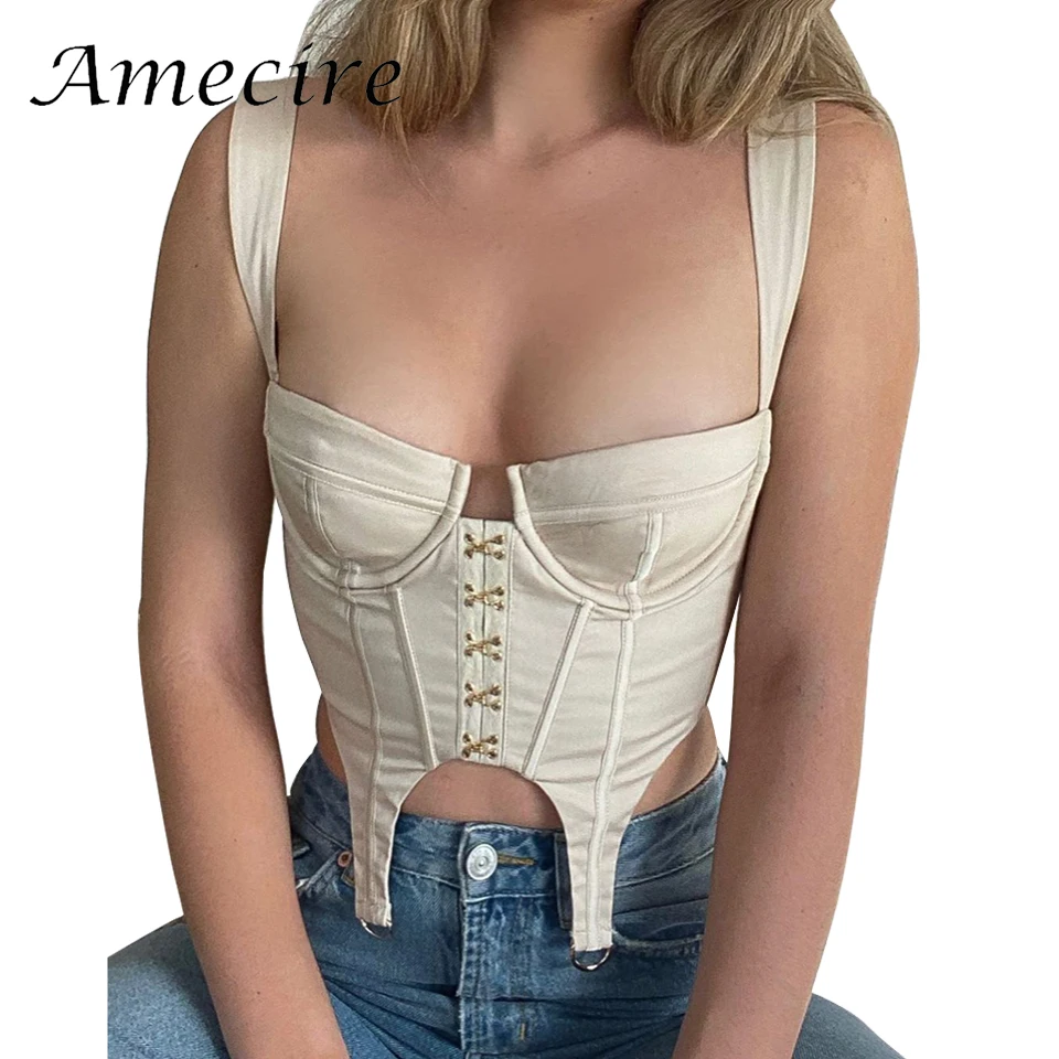 

Женский сексуальный укороченный корсет Amecire, летний укороченный топ, бюстье с открытой спиной, укороченный топ с подкладкой, топы с низким в...