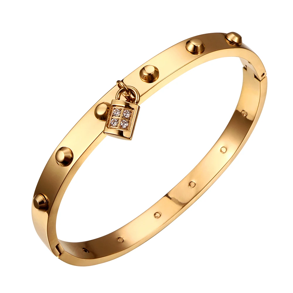

Crystal Rhinestone Lock Bracelet Bangle Woman Stainless Steel Gold Color Brand Cuff Bangles Jewelry Wedding Party Gift