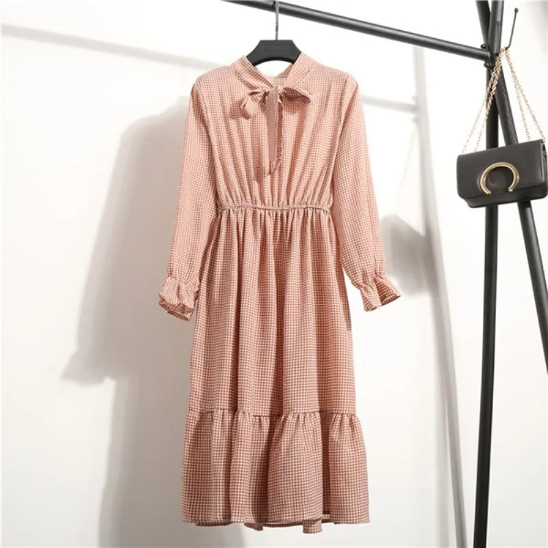 

Summer Autumn Chiffon Print Dress Casual Cute Women Floral Long Bowknot Dresses Long Sleeve Vestido S-XL Size