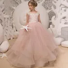 Платья для девочек с цветами, розовые платья для девочек, милое Тюлевое официальное длинное детское платье принцессы, пышные платья для девочек, платье для свадебной вечеринки