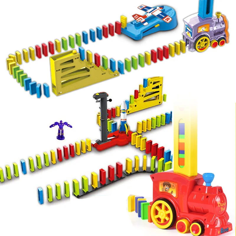 

Motorized Domino 60pcs Train Car kit Set Up Blocks 120pcs Plane Rocket Set Plastic Colorful Dominoes Bricks toys Gift Children