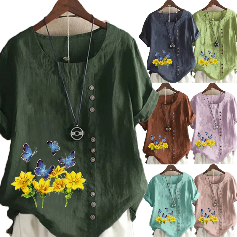

Women's Fashion Summer New Floral Printed Short Sleeve T-shirt Casual Round Neck Tops Loose Solid Color Blouse