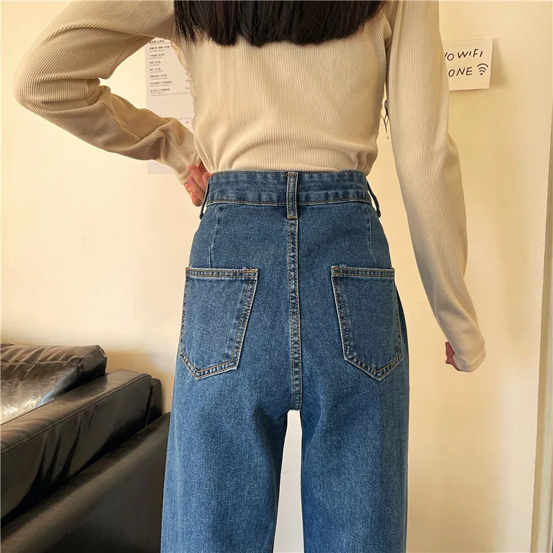 

SURMIITRO 2021 Spring Autumn Pearl Bead Korean Wide Leg High Waist Boyfrind Mom Jeans Women Floor Length Denim Long Pants Female